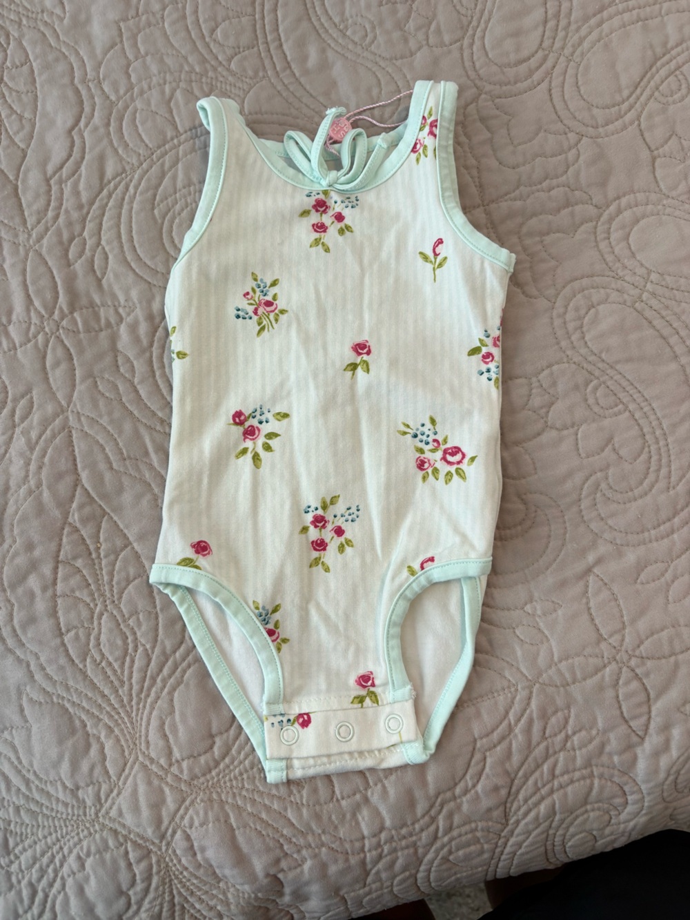 SweetHoney White Floral Tank One-Piece Bodysuit with Pink Roses